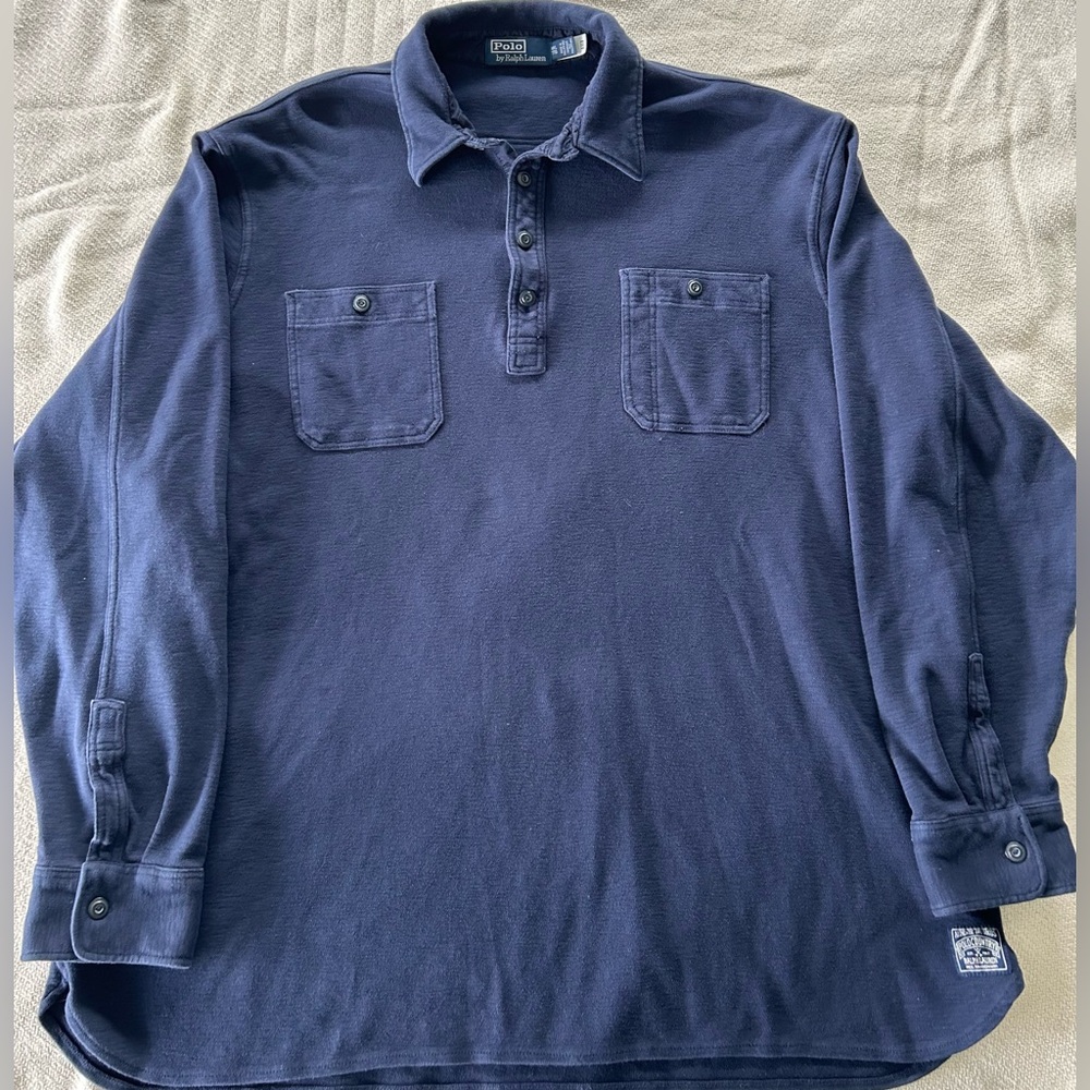Polo Ralph Lauren Long Sleeve Shirt Men's XXL Navy Work Shirt Dyed Dual Pocket - Picture 1 of 8